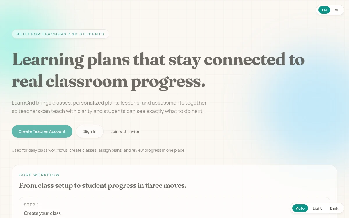 LearnGrid’s public product page, showing its class setup, lesson planning, and progress tracking workflow.